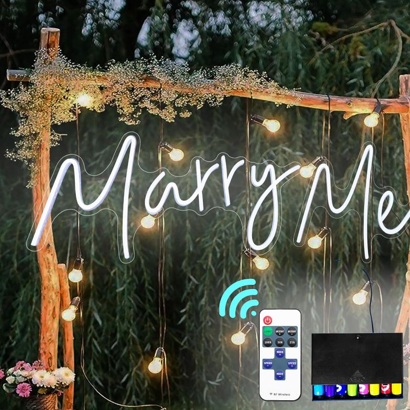 Photo 1 of Royxen Marry Me Neon Sign Cordless, 36’’x10'' Large Size Transparent Acrylic for Proposal with Hanger Chain, Power Adapter and Battery Box
