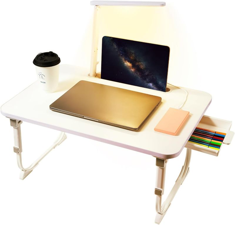 Photo 1 of Laptop Desk for Bed Lap Desk with LED Desk Light, Adjustable Tablet Bed Table with Foldable Legs Storage Drawer, Breakfast Serving Tray Folding Laptop Stand Reading Holder for Sofa Couch Floor (WHITE)
