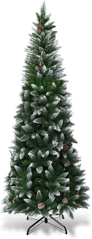 Photo 1 of Goplus 7.5ft Artificial Pencil Christmas Tree, Snow Flocked Unlit Slim Xmas Tree with 39 Pine Cones, 720 PVC Branch Tips, Metal Stand, for Indoor Holiday Home Office Décor
