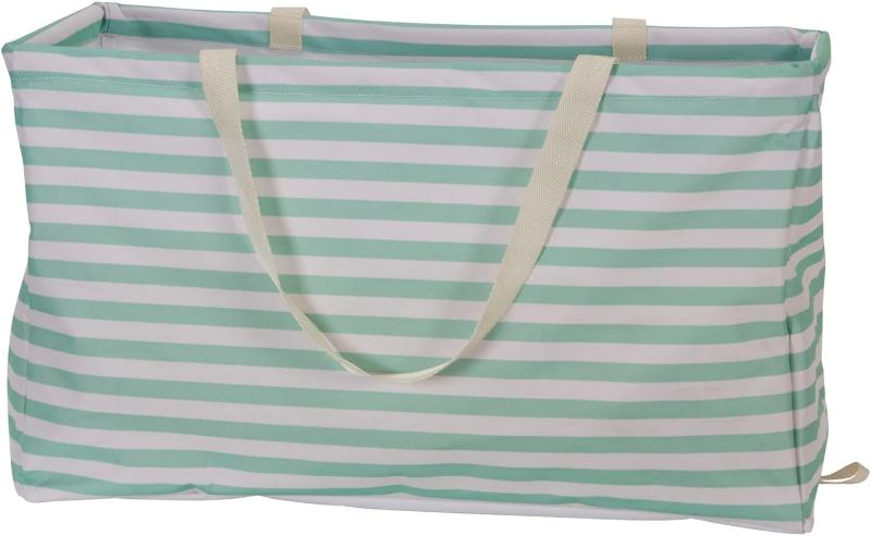 Photo 1 of Household Essentials Canvas Utility Tote with Handles, Rectangular Krush Tote, Water-Resistant Vinyl Lining, Large Capacity, Durable and Versatile, Teal Striped Pattern
