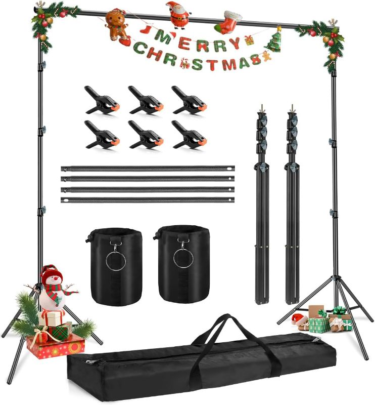 Photo 1 of Hemmotop Photo Backdrop Stand Heavy Duty 10 x 7.2 ft Background Stand for Parties Photography with 6 Backdrop Clamps, 2 Sandbags for Wedding/Decorations/Photoshoot
