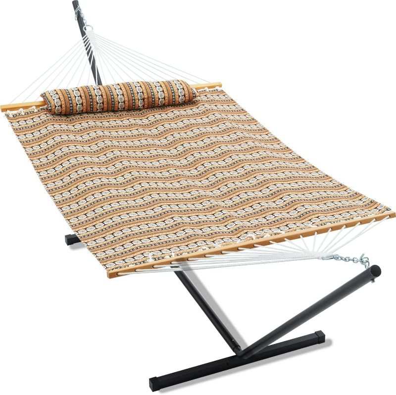 Photo 1 of Gafete 55'' Double Hammock with Stand Included, Jacquard Fabric Hammocks with Hardwood Spreader Bar & Pillow for Patio Outdoor, 12ft Heavy Duty Steel Stand Two Person, Max 475lbs Capacity (Santa)
