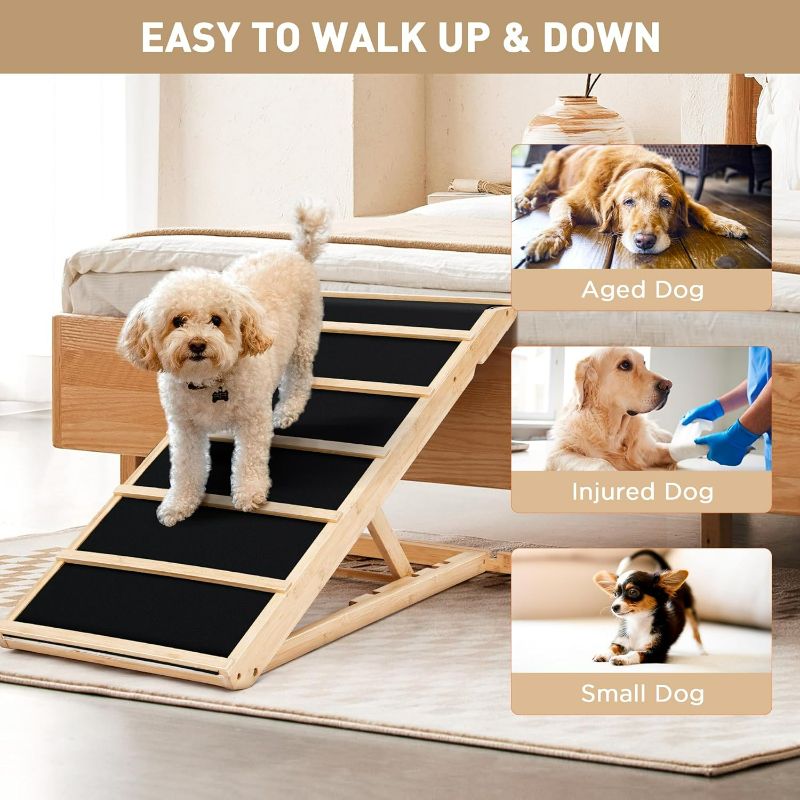 Photo 1 of 1 Adjustable Pet Ramp, 39.4" Dog Ramp for Bed, Couch and Car with Non-Slip Rubber Surface, 18" Wide Wooden Platform and 4 Heights, Suitable for Big Dogs
