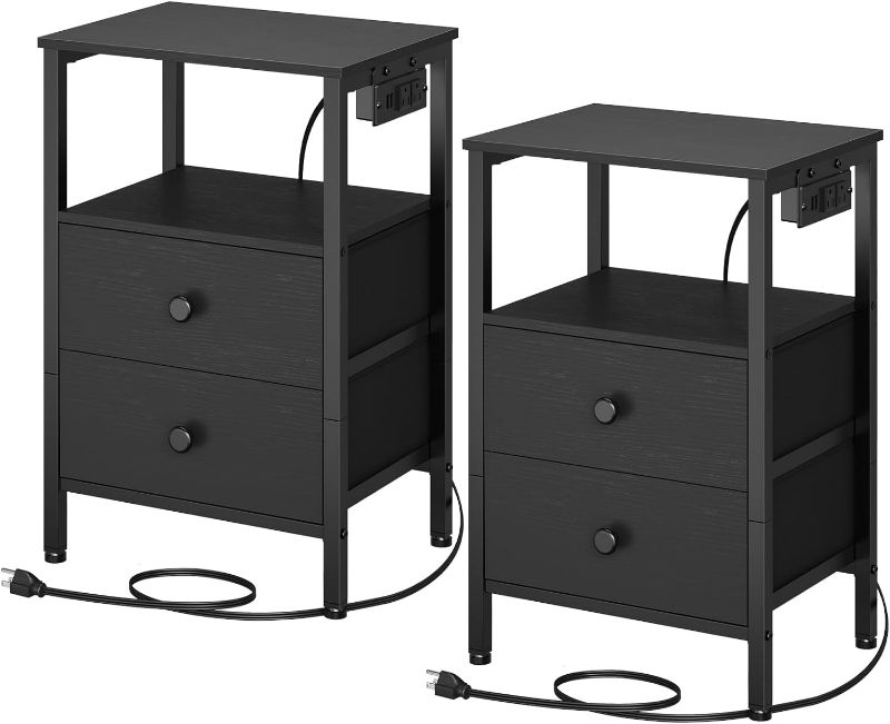 Photo 1 of YATINEY Nightstands, Night Stand with Charging Station and USB Ports, Bedside Tables with 2 Non-Woven Drawers, Industrial Side Tables, End Table Bedroom for Small Spaces, Living Room ET02BG
