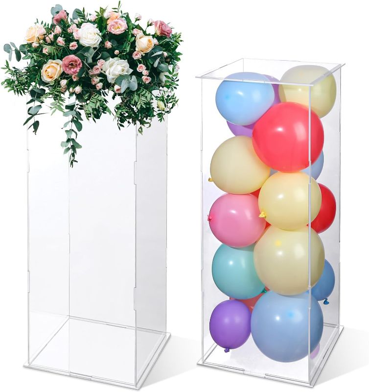 Photo 1 of Sliner 2 Pcs Display Cube Pedestal 31.5 Inch Tall Art Sculpture Stand Acrylic Flower Stand Clear Display Riser Box Flower Tower Decor Riser for Centerpieces Wedding Decorations Receptions
