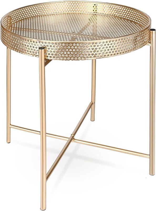 Photo 1 of JENGRYOE Metal End Table, Sofa Table Small Round Side Tables, Anti-Rust and Waterproof Accent Coffee Table,Foldable Removable Tray Design, for Living Room Bedroom Balcony Patio and Office (Gold)
