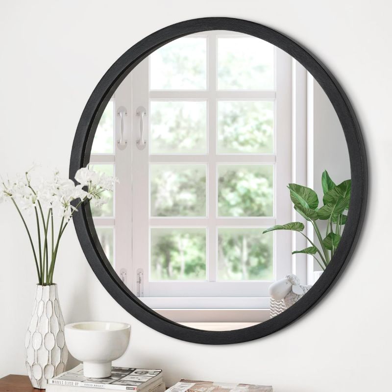 Photo 1 of JJUUYOU Round Wall Mirror 16", Hanging Circle Mirror Round Black Mirror for Bathroom Wooden Farmhouse Frame Mirror for Bedroom, Living Room or Entryway Wall Decorative

