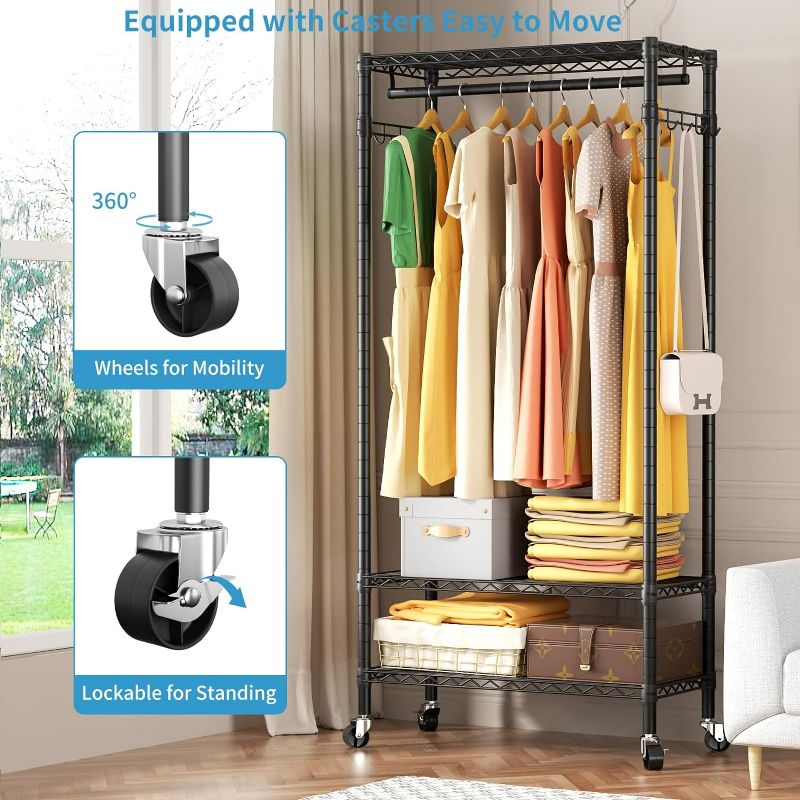 Photo 1 of Heavy Duty Clothes Rack Rolling Garment Rack,3 Tier Adjustable Wire Shelving Clothing Racks for Hanging Clothes with Hanger Rod and Side Hooks,Freestanding Wardrobe Storage Rack Metal Portable Closet
