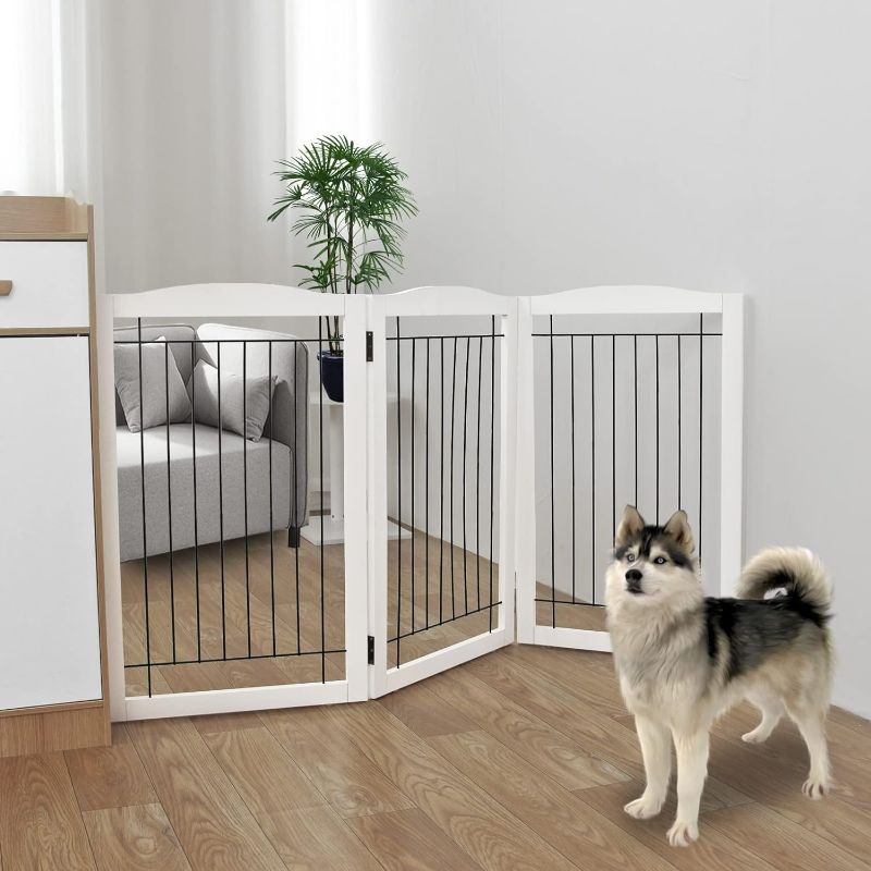 Photo 1 of ZJSF Freestanding Foldable Dog Gate for House Extra Wide Wooden White Puppy Gate Stairs Dog Gates Doorways Tall Pet Gate 3 Panels Pet Fence
