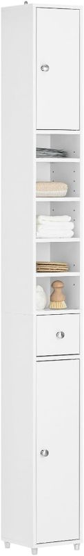 Photo 1 of Haotian BZR34-W, White Slim Tall Bathroom Storage Cabinet with 1 Drawer, 2 Doors and Adjustable Shelves, Freestanding Bathroom Storage Cabinet Shelf, 7.87x7.87x70.87 inch
