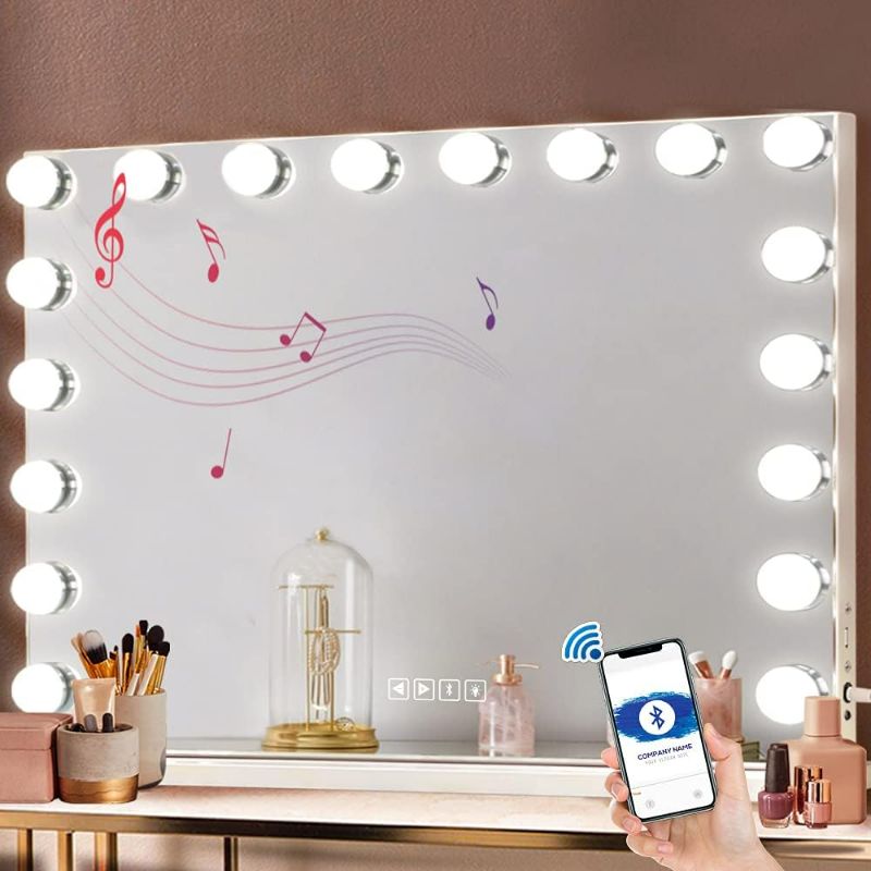 Photo 1 of FENCHILIN Vanity Mirror for Makeup with Speaker Extra Large Hollywood Lighted Mirror with 18 Dimming LED Bulbs Smart, Tabletop/Hanging Cosmetic Mirror with Touch Screen & USB Charging Port
