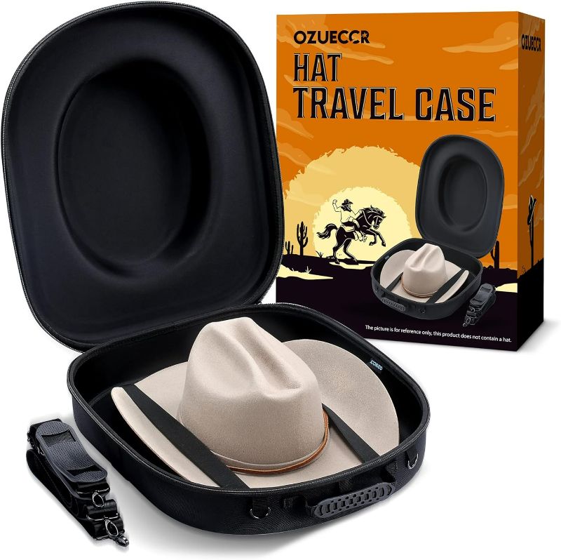 Photo 1 of Ozueccr Travel Hat Carrier Case - Crush Proof for Cowboy, Panama & Tweed Hats - Carrying Handle, Shoulder & Luggage Straps - Large
