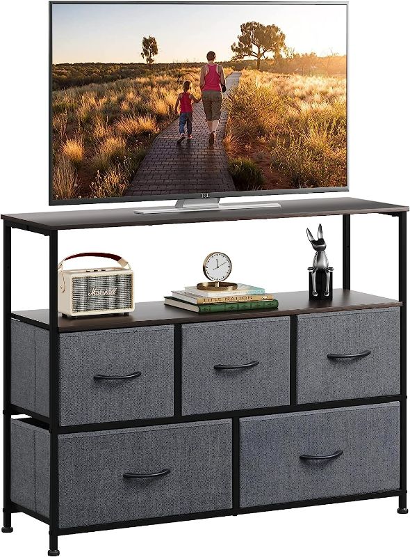 Photo 1 of WLIVE Dresser TV Stand, Entertainment Center with Fabric Drawers, Media Console Table with Open Shelves for TV up to 45 inch, Storage Drawer Unit for Bedroom, Living Room, Entryway, Dark Grey
