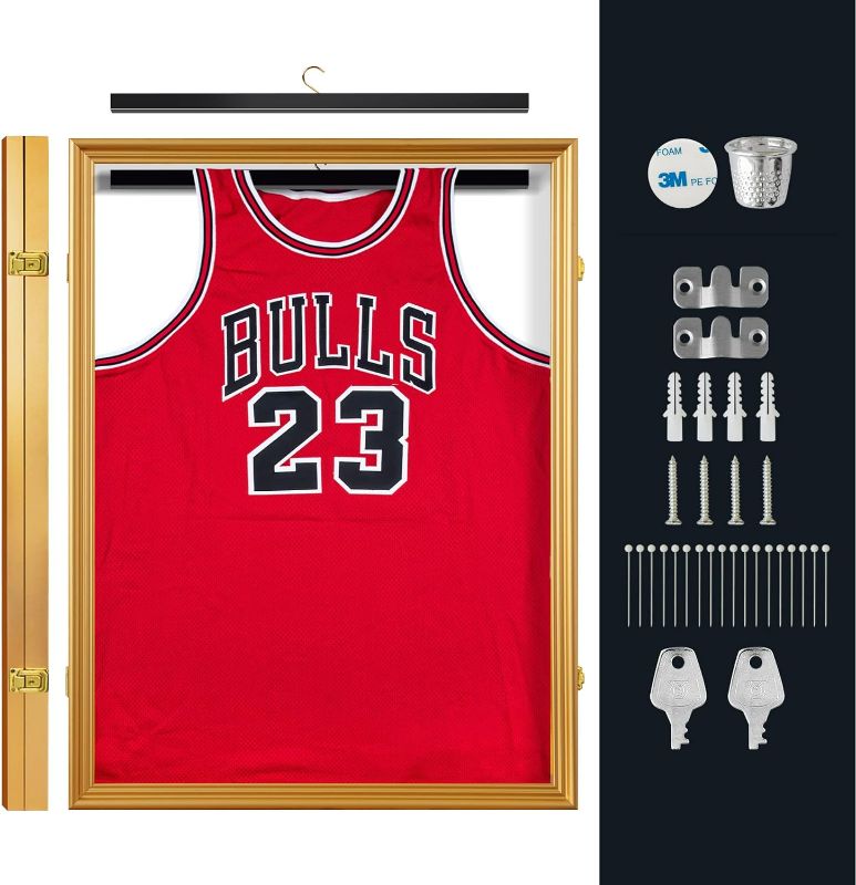 Photo 1 of Elevens Jersey Frame Display Case 36 x 28 Inches Shadow Box with UV Protection,Jersey Display Frame Case Lockable Shadow Box Frame for Baseball Basketball Football Hockey Sport Shirt and Uniform,Gold
