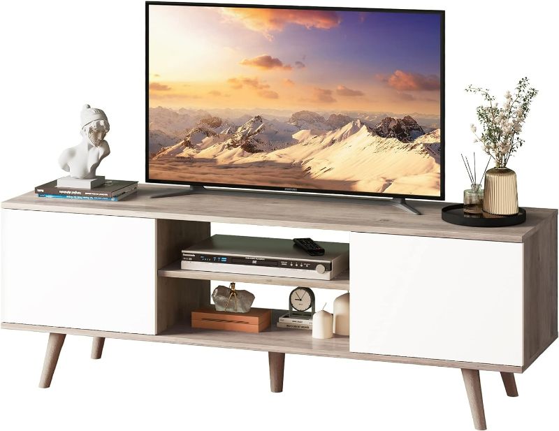 Photo 1 of WLIVE TV Stand for 55 60 inch TV, Boho Entertainment Center with Storage Cabinets, TV Console for Living Room Decor, Greige White
