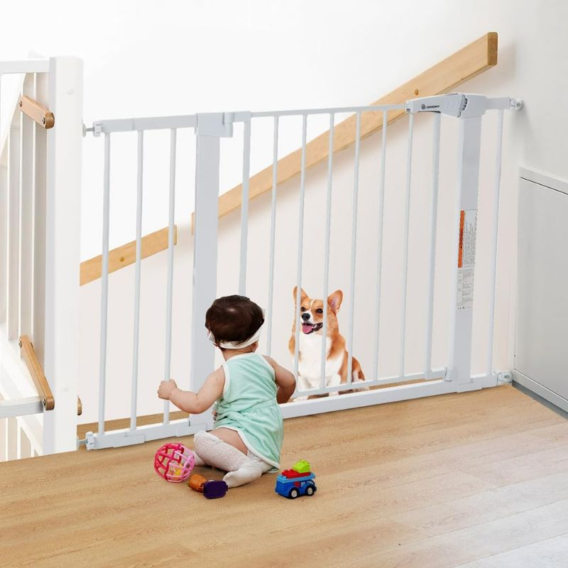 Photo 1 of COMOMY 29.5-43.3" Baby Gate Extra Wide for Stairs Doorways, Auto Close Dog Gates for The House, Pet Gates with Walk Through Door, Durable Metal Pressure Mounted Safety Child Gate, White
