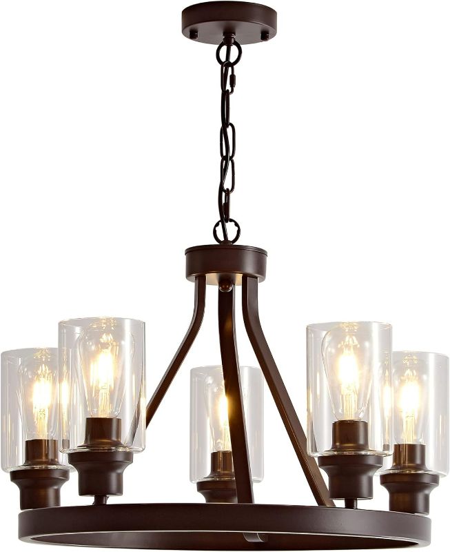Photo 1 of Sivilynus Farmhouse Chandelier Lighting Round 5 Lights Oil Rubbed Bronze with Glass Shade Ceiling Hanging Vintage Rustic Light Fixture for Dining Room Living Room Foyer Porch Kitchen Island
