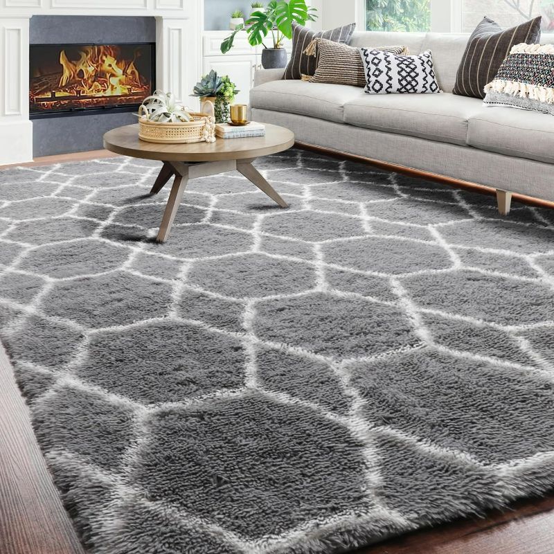 Photo 1 of ONASAR 8x10 Area Rugs for Living Room, Large Boho Geometric Grey and White Rug, Soft Fluffy Plush Neutral Carpet for Bedroom Classroom Playroom Room Decor Aesthetic, Shaggy Moroccan Floor Rug

