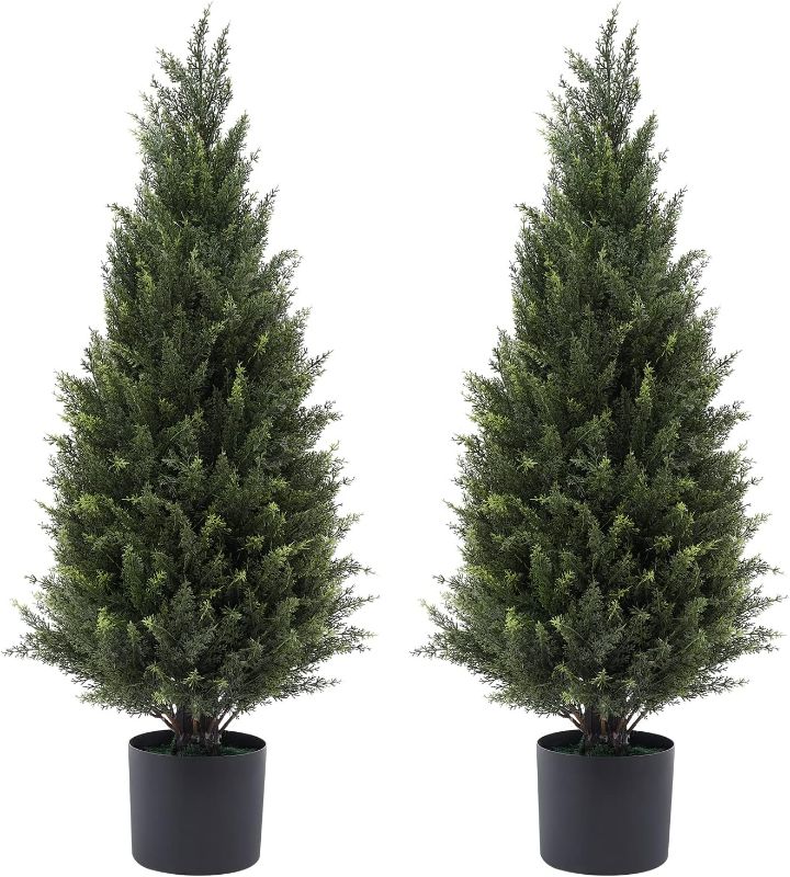 Photo 1 of 3ft(35”) Artificial Cedar Outdoor Artificial Shrub Sunlight Resistant Leafy Potted Plant Plant for Indoor Porch of Home and Office Artificial Outdoor Tree 2 Pieces a Set Topiary Trees
