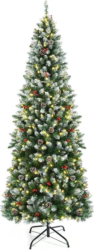 Photo 1 of Goplus 7ft Pre-lit Pencil Christmas Tree, Snow Flocked Artificial Hinged Xmas Tree w/Metal Base, 818 Tips, 350 Lights, Pine Cones & Red Berries, Holiday Decoration for Indoor, Home, Office, Shop
