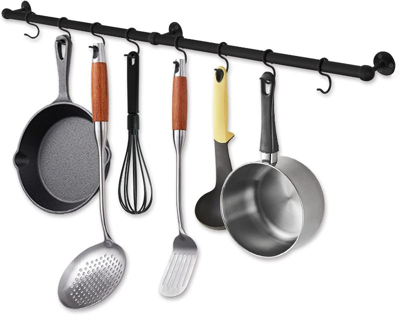 Photo 1 of ROTHLEY Hanging Pot Rack Hanger: 39.4 Inch Stainless Steel Pot and Pan Hanger Pot Rack Wall Mounted Hanging Pots and Pans Rack Pot Hangers for Kitchen Wall Kitchen Rail with Hooks (Matt Black
