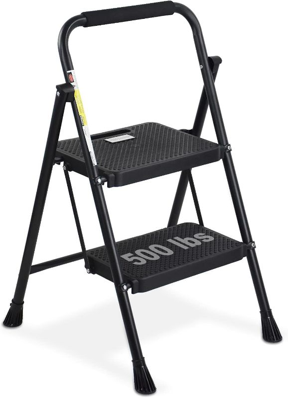 Photo 1 of HBTower 2 Step Ladder, Folding Step Stool with Wide Anti-Slip Pedal, Sturdy Steel Ladder, Convenient Handgrip, Lightweight 500lbs Portable Steel Step Stool, Black