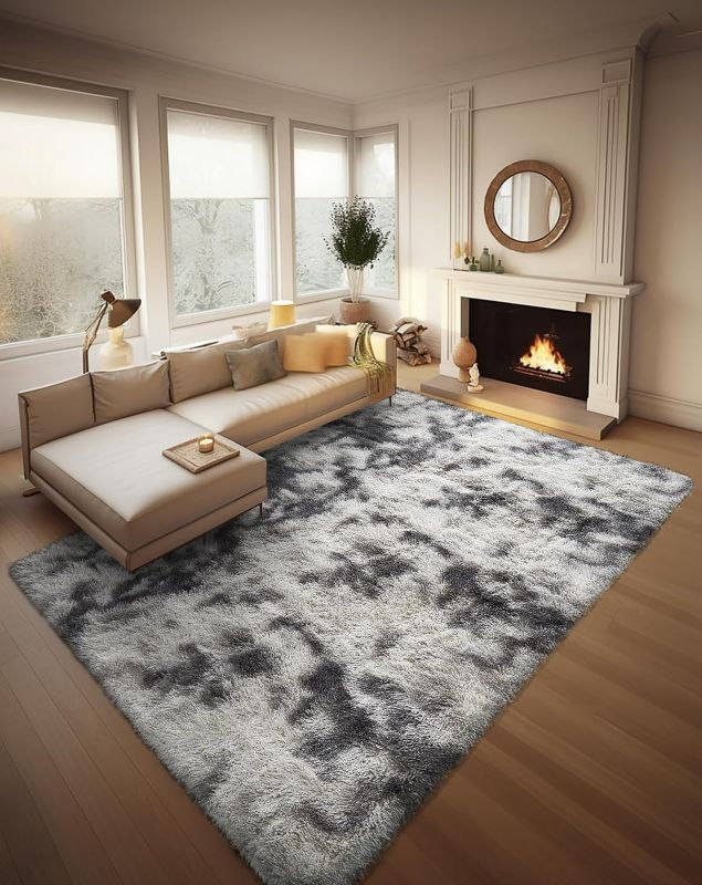 Photo 1 of Romby 9x12 Area Rugs for Living Room, Large Shag Bedroom Carpet, Tie-Dyed Grey&White Big Indoor Thick Soft Nursery Rug, Fluffy Carpets