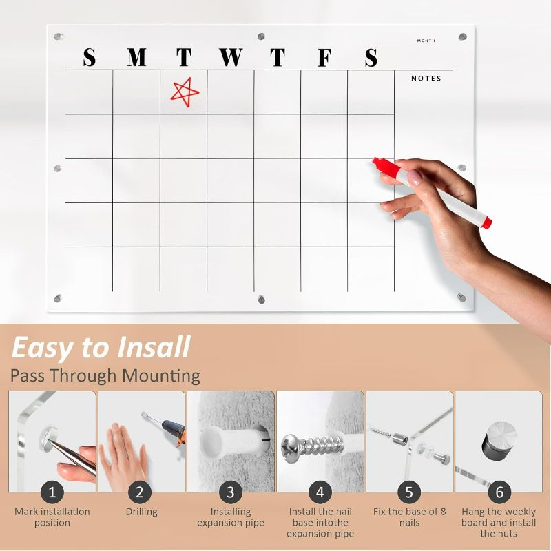 Photo 1 of Oversize Acrylic Clear Calendar Board for Wall, 23"x 16" Non-Magnetic Floating Weekly Calendar Dry Erase Board, Reusable Hanging Frameless Erasable Planning Board for Office, Home, School
