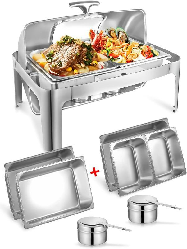 Photo 1 of Granvell Rectangular Roll Top Chafing Dish Buffet Set, Catering Food Warmer for Parties, Wedding, Birthday, Christmas, 1 Full Size & 2 Half-Size Chafing Server Dish, 14QT Water Pan