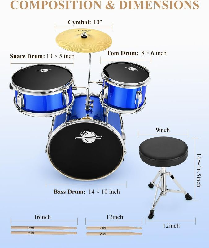Photo 1 of Drum Set Eastar 14 '' Drum Kit for Kids Beginners, 3-Piece with Adjustable Throne, Cymbal, Pedal & 2 Pairs of Drumsticks, Junior Drum Set with Bass Tom Snare Drum, Mirror Blue