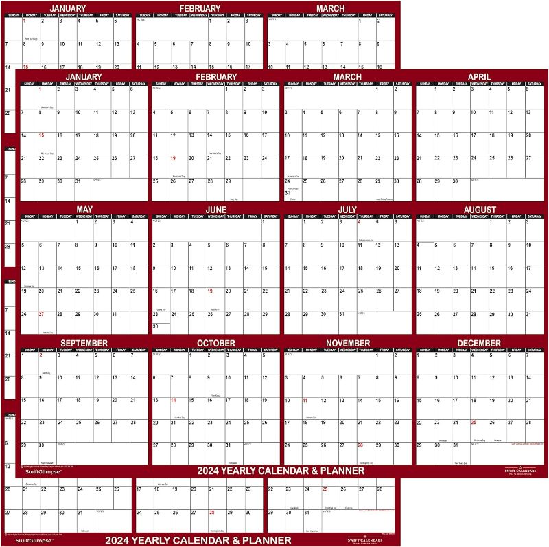 Photo 1 of 24" x 36" SwiftGlimpse 2024 Wall Calendar Erasable Large Wet & Dry Erase Laminated 12 Month Annual Yearly Wall Planner, Reversible, Horizontal/Vertical, Maroon