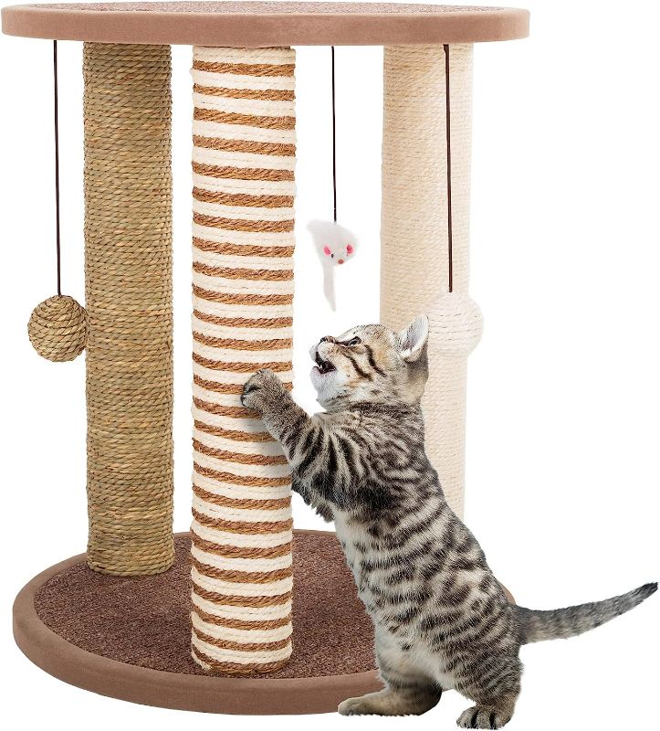 Photo 1 of Cat Scratching Post - 3 Scratcher Posts with Carpeted Base Play Area and Perch - Furniture Scratching Deterrent for Indoor Cats by PETMAKER (Brown), Large