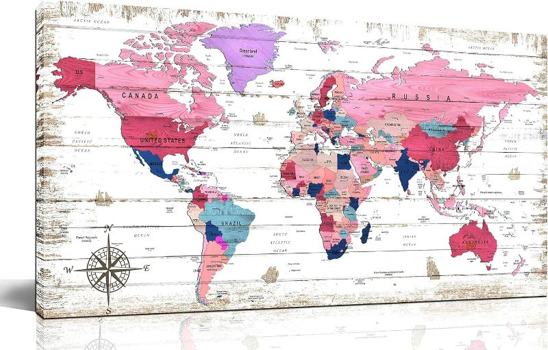 Photo 1 of ZHAOSHOP Large World Map Canvas Wall-Art - Wall Decor For Girls Bedroom - Pink pictures Wall Decor Ready To Hang Size 60" x 30"