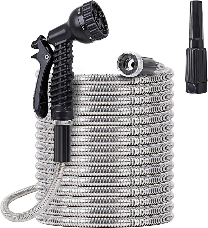 Photo 1 of Stainless Steel Garden Hose 75 ft - Metal Water Hose with 1 Nozzle, Lightweight, Tangle Free & Kink Free, Heavy Duty, High Pressure, Flexible.
