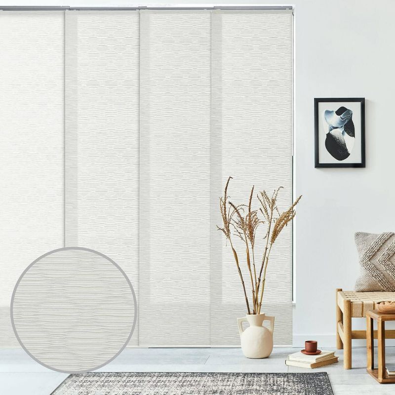 Photo 1 of White GoDear Design Deluxe Adjustable Sliding Panel Window Blind 45.8"- 86" W x Up to 96" H, Extendable 4-Rail Track Vertical Blind for Slider Windows and Patio Doors, Trimmable Natural Woven Fabric, White 45.8"-86" W x 96"H