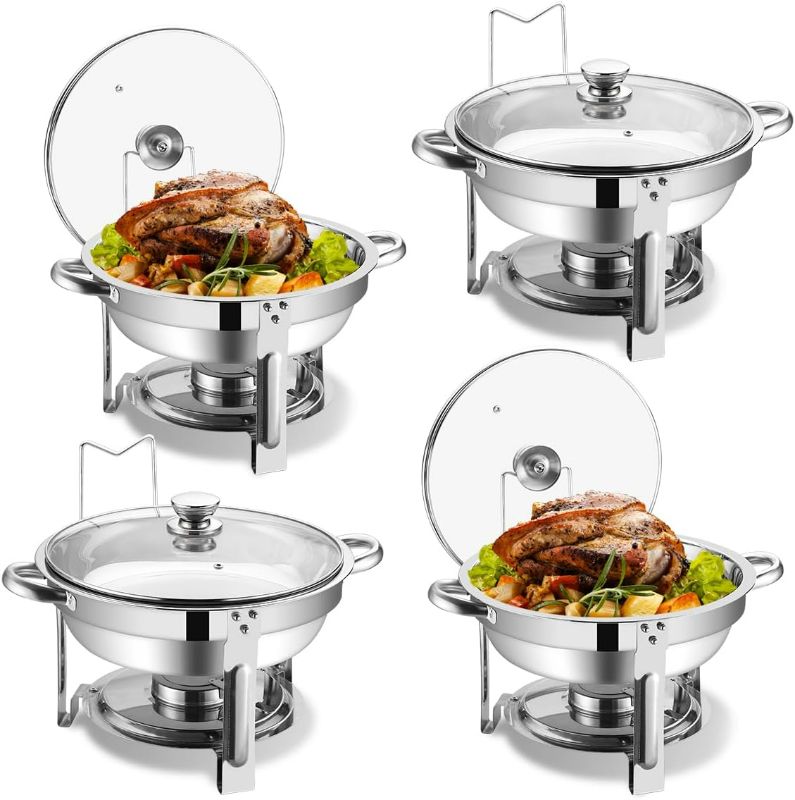 Photo 1 of Chafing Dish Buffet Set 4 Pack,Stainless Steel Round Buffet Servers and Warmers with Glass Lid and Built-in Lid Holder,Chafers for Catering,5QT Food Warmer for Parties Buffet