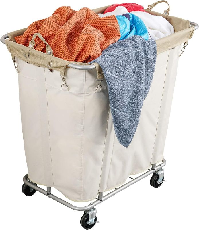 Photo 1 of PLKOW Laundry Cart with Wheels 320L Large Rolling Laundry Cart for Commercial/Home, Rolling Laundry Basket with Steel Frame and Waterproof Lining, 9 Bushel, 32.3L x 19.7W x 30.7H Inch, Beige