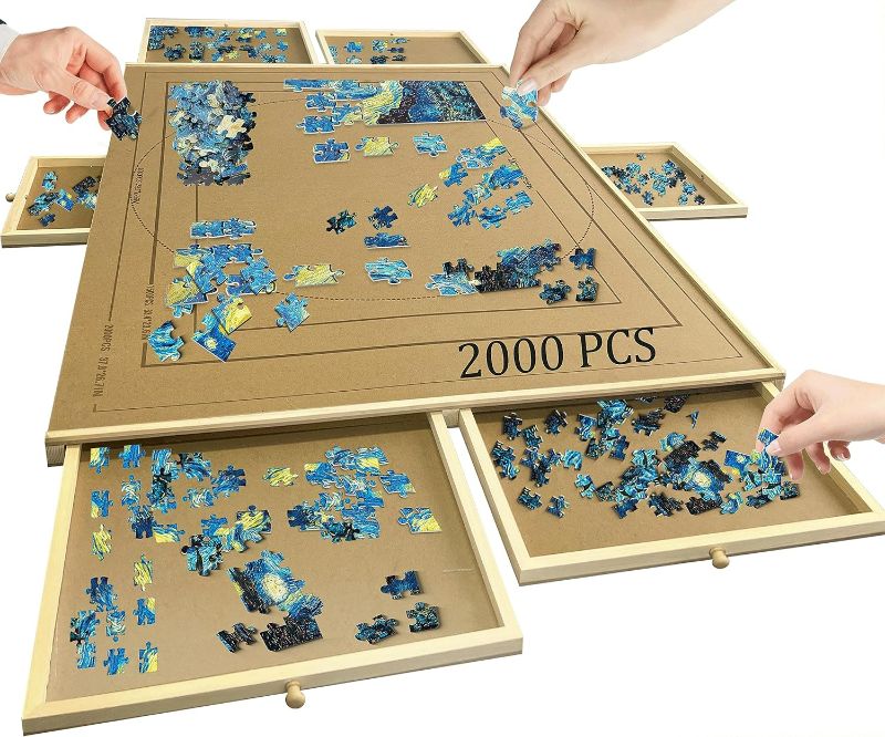 Photo 1 of 2000 Piece Wooden Jigsaw Puzzle Board with 6 Drawers, 41" X 30" Puzzle Keeper Board with Cover for Adults and Kids, Puzzle Storage Trays for 1500, 1000, 500, Portable Puzzle Tables.
