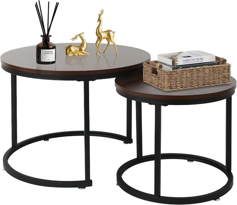 Photo 1 of Tables Set of 2, Round Nesting Coffee Table, Small Nesting Tables with Sturdy Metal Frame, Nesting Side Tables, Nesting Tables for Living Room,Bedroom, Brown