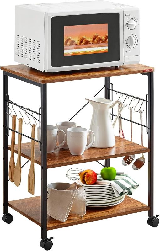 Photo 1 of Mr IRONSTONE Kitchen Stand Microwave Cart 23.7'' for Small Space, Coffee Bar Table 3-Tier Rolling Utility Microwave Oven Rack on Wheels, Coffee Cart with Storage Bakers Rack with 10 Hooks,Vintage