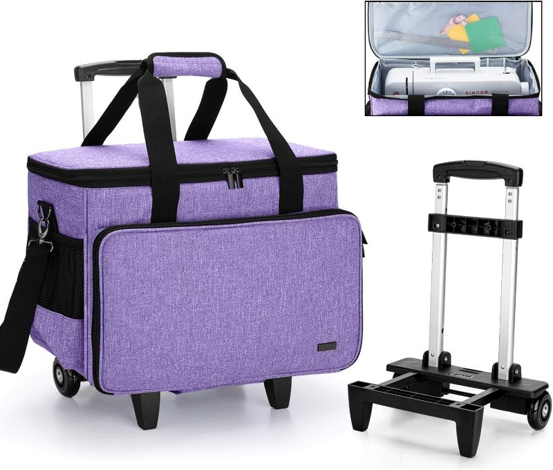 Photo 1 of Yarwo Detachable Rolling Sewing Machine Carrying Case, Trolley Tote Bag with Removable Bottom Wooden Board for Most Standard Sewing Machine and Accessoriess, Purple