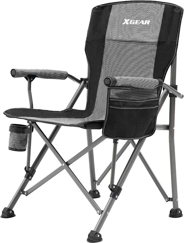Photo 1 of XGEAR Camping Chair Hard Arm High Back Lawn Chair Heavy Duty with Cup Holder, for Camp, Fishing, Hiking, Outdoor, Carry Bag Included (Cool Gray)