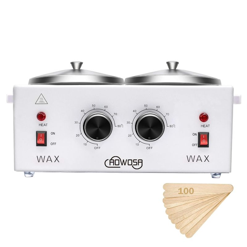 Photo 1 of Double Wax Warmer Professional Electric Wax Heater Machine for Hair Removal, Dual Wax Pot Paraffin Facial Skin Body SPA Salon Equipment with Adjustable Temperature Set - 100 Wax Applicator Sticks