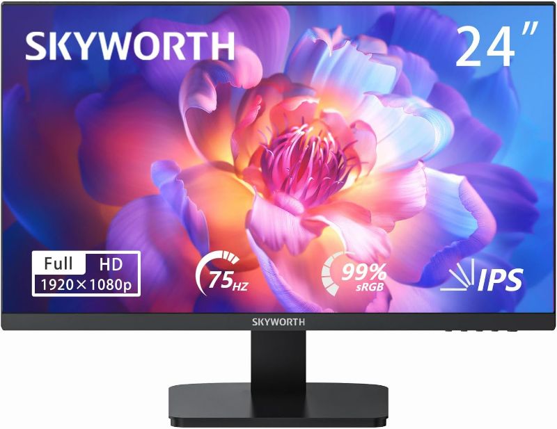 Photo 1 of Skyworth 24 inch Monitor Full HD 1920 x 1080p 75Hz IPS Display, 16.7M 8bit 99% sRGB Computer Monitor, HDMI VGA Audioout Displayport, Ultra Slim Monitor for PC Desktop, Metal Black, 24B1H