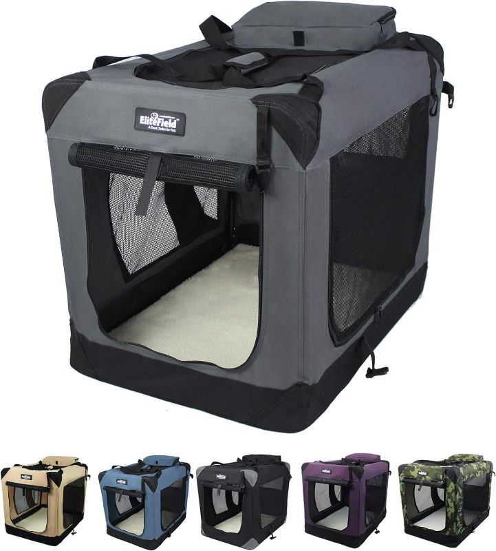 Photo 1 of  3-Door Folding Soft Dog Crate with Carrying Bag and Fleece Bed (2 Year Warranty), Indoor & Outdoor Pet Home (20" L x 15" W x 14" H, Gray)