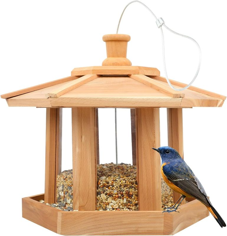 Photo 1 of Ltwil Wooden Bird Feeder for Outside Garden Decoration, Hexagon Shaped with Roof and Large Capacity, Waterproof and Durable