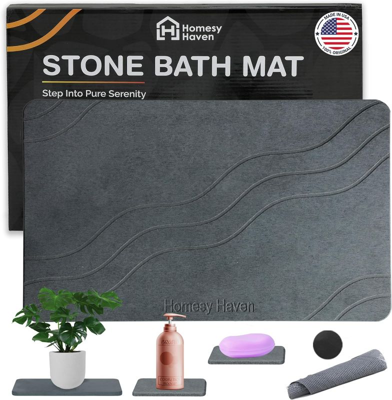 Photo 1 of 4 in 1 Stone Bath Mat - Super Absorbent Diatomite Stone Bath Mat Stone With 2X Soap Dish & 1X Sink Cady for Bathroom - Anti-Slip Stone Shower Mat Easy Clean (23.6*15.7 inches) Dark Grey - Homesy Haven