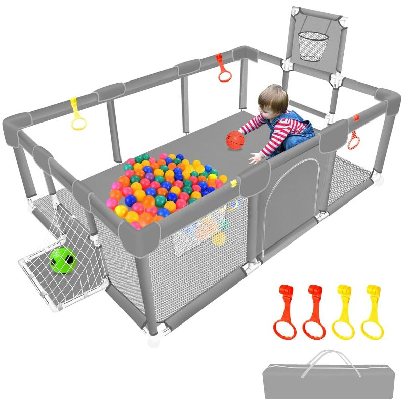 Photo 1 of Large Baby Ball Pit Sturdy Play Pen/ Yard W/Basketball Hoop for Babies and Toddlers Children's Fence Play Area, Indoor Outdoor Kids Activity Center, Infant Safety Gates (Grey)