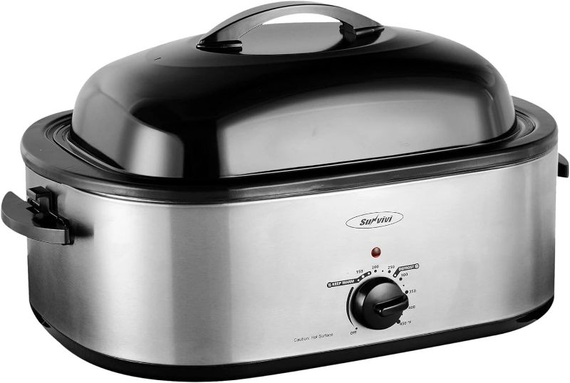 Photo 1 of Sunvivi Electric Roaster, 18 Quart Roasting Oven with Self-Basting Lid Removable Pan, Turkey Roaster Oven with 150 to 450F Temperature Control Cool-Touch Handles, Silver