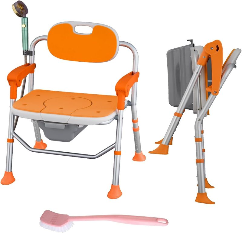 Photo 1 of Shower Chair for Elderly,Height Adjustment Bathroom Toilet Chair,4-in-1 Folding Non-Slip Bath Toilet Chair Chair (Orange)